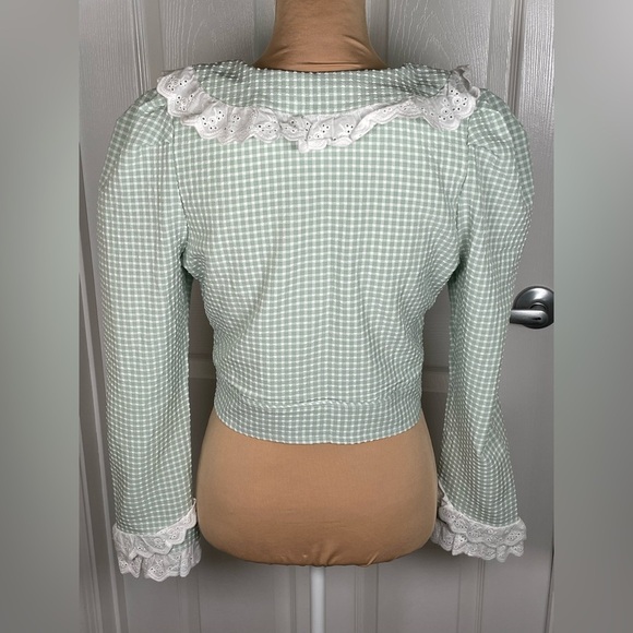 Galeria Chic Green Cropped Gingham Lace Trimmed Women's Top - Picture 5 of 6
